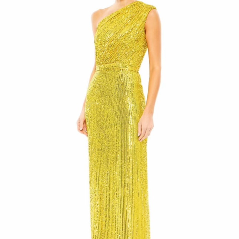 Mac Duggal metallic one shoulder gown